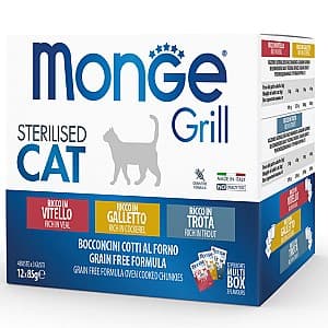 Hrană umedă pentru pisici Monge GRILL MIX BOX STERIL.VEAL/COCKEREL/TROUT 12x85gr