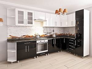 Set mobila bucatarie PS Corner 3.4x1.7 m (MDF lucioasa) Alb / Negru