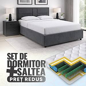 Set dormitor Alcantara Sidney 160x200 Gri Închis + Noptiere PAL Gri Închis + Saltea Salt Confort Clasic 160x200