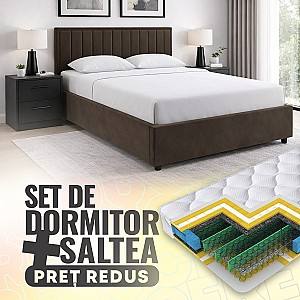 Set dormitor Alcantara Pulsar 160x200 Maro + Noptiere PAL Gri Închis + Saltea Salt Confort Clasic 160x200