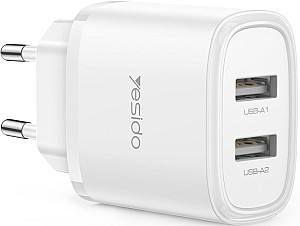 Incarcator telefon Yesido Wall Charger 2*USB-A 24W Max YC72 White