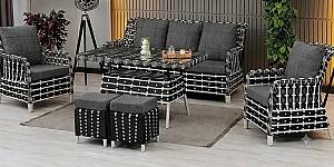 Set mobila de gradina Stars Plastik Vilza Rattan 3+1+1 (Puf 1+1) Alb / Negru