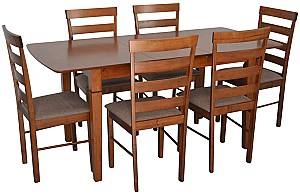 Set de masa si scaune Evelin HV-27V Burnish Oak + 6 scaune GLORIA Burnish Oak / Ekea12 Dark Brown