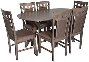 Set de masa si scaune Evelin Raffles Oval Antique Grey + 6 scaune Deepa R Antique Grey / Ekea12 Dark Brown