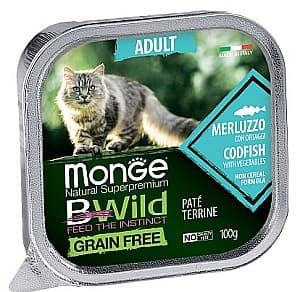 Hrană umedă pentru pisici Monge BWILD ADULT Codfish/Vegetables 100gr