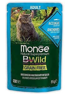 Hrană umedă pentru pisici Monge BWILD POUCH ADULT Anchovies/Vegetables 85gr