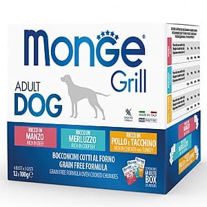 Hrana umeda pentru caini Monge GRILL MIX BOX ADULT BEEF/COD/CHICKEN 12x100gr