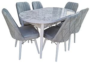 Набор стол и стулья MG-Plus MDF Oval Мрамор/Белый (Karegold Carara + 6 стульев Велюр Серый)