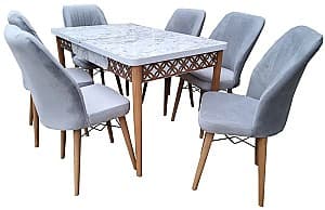Set de masa si scaune MG-Plus Kum II Marmura Alba (Beyaz Mermer + 6 scaune Sandalye Velur Gri)