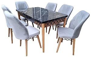 Набор стол и стулья MG-Plus Kum II Черный Мрамор (Siah Mermer + 6 стульев Sandalye Велюр Серый)