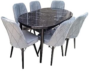 Set de masa si scaune MG-Plus MDF Oval Negru (Karegold Bendir + 6 scaune Velur Gri)
