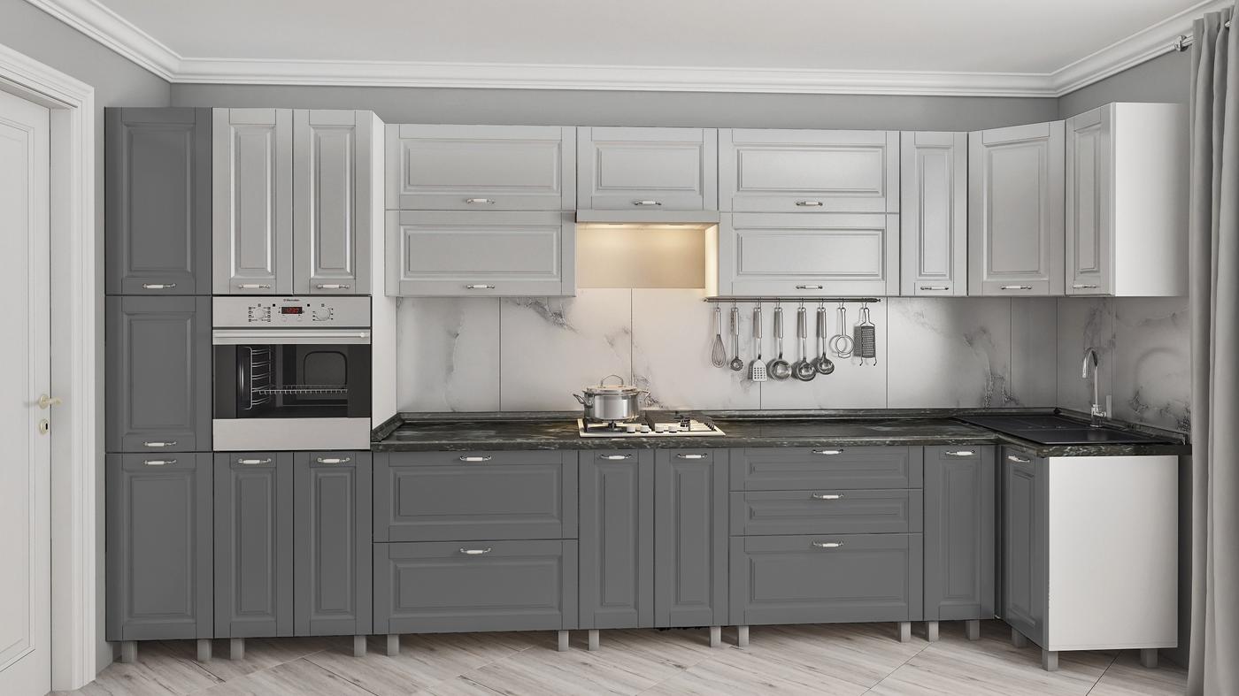 Кухонный гарнитур PS ЭКО 4.1х0.9 м (краска, фрез. Классик) Светло-Серый/Серый