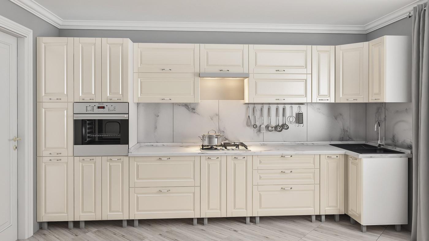 Кухонный гарнитур PS ЭКО 4.1х0.9 м (краска, фрез. Классик) Бежевый