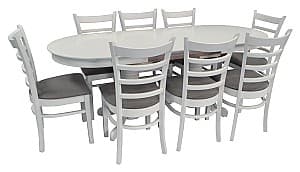 Набор стол и стулья Evelin HV-31N Белый + 8 стула COCO Белый/NV-10WP Серый