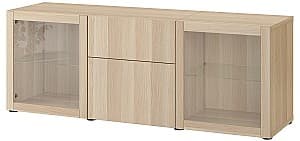 Шкаф витрина IKEA Besta с ящиками/стекло 180x42x65 Под Беленый Дуб/Синдвик Беленый Дуб