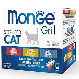 Hrana umeda pentru pisici Monge GRILL MIX BOX STERIL.VEAL/COCKEREL/TROUT 12x85gr