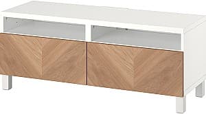 Tumba pentru televizor IKEA Besta/Hedeviken/Stubbarp sistem apasare 120x42x48 Alb/Furnir Stejar