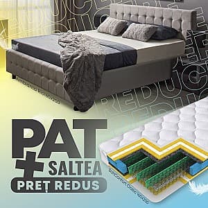 Pat Ambianta Rio 1.6 m Gri, tapițat + Saltea Salt Confort Clasic 160x200 de 2 persoane