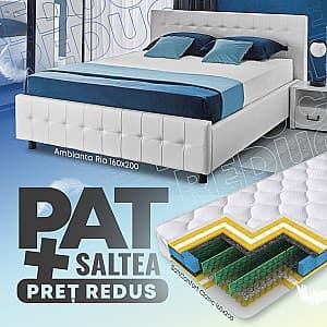 Pat Ambianta Rio 1.6 m Alb, tapitat + Saltea Salt Confort Clasic 160x200, pentru 2 persoane