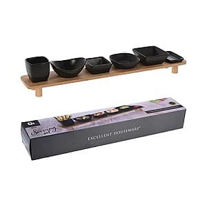 Set de vesela EH pentru aperitiv, 6 unitati+suport din lemn 50X8cm