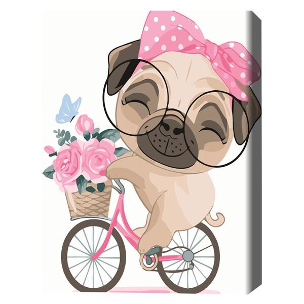 Tablou pe numere BrushMe Pug cu bicicleta la plimbare 30×40 сm (fără cutie)