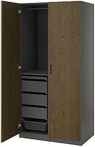 Dulap IKEA Pax/Tonstad rafturi/bare/sertare/cosuri Gri inchis/Furnir Stejar Vopsit Maro