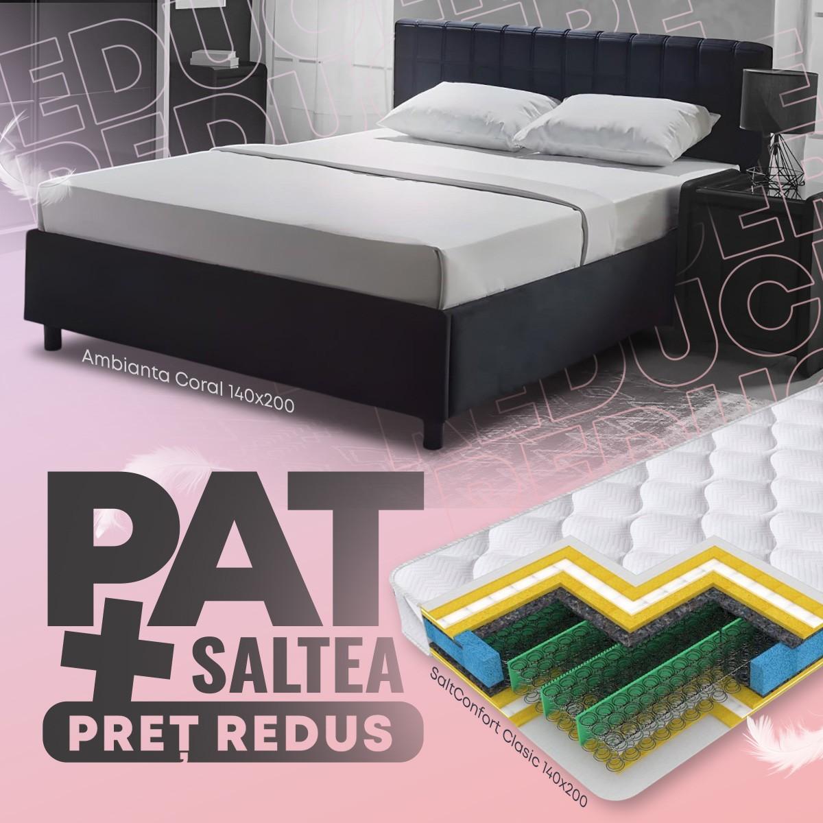 Pat Ambianta Coral 1.4 m Negru + Saltea Salt Confort Clasic 140x200
