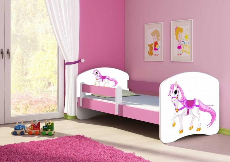 Pat copii Acma Meble Acma II Horse 80x160 bariera/saltea 7cm Roz