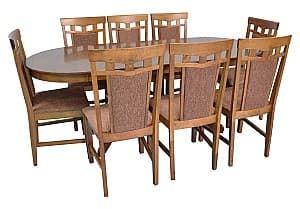 Set de masa si scaune Evelin HV-31N Burnish Oak + 8 scaune Deepa R Burnish Oak / F-789 (Maro)