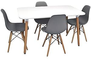 Set de masa si scaune Evelin DT 405-1 WO (Alb / Lemn) + 4 scaune LC-021 Grey (Gri)