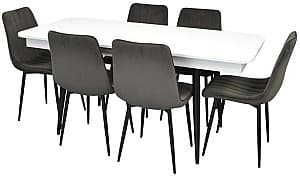 Set de masa si scaune Evelin DT 432-1R B (Alb / Negru) + 6 scaune XR-154B Dark Grey 58 (Gri Închis)