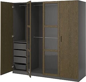 Шкаф IKEA Pax/Tonstad полки/штанги/ящики/корзины/стекло 200x60x201 Тёмно-серо-коричневый/Дубовый Шпон Морённый