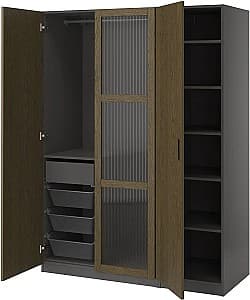Шкаф IKEA Pax/Tonstad полки/штанга/ящик/корзины/стекло 150x60x201 Тёмно-серо-коричневый/Дубовый Шпон Морённый