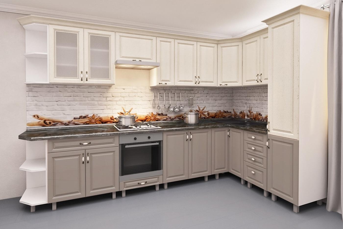 Кухонный гарнитур PS Угловая 3.4x1.7 м (МДФ плёнка) Алебастр / Дуб Конкордия