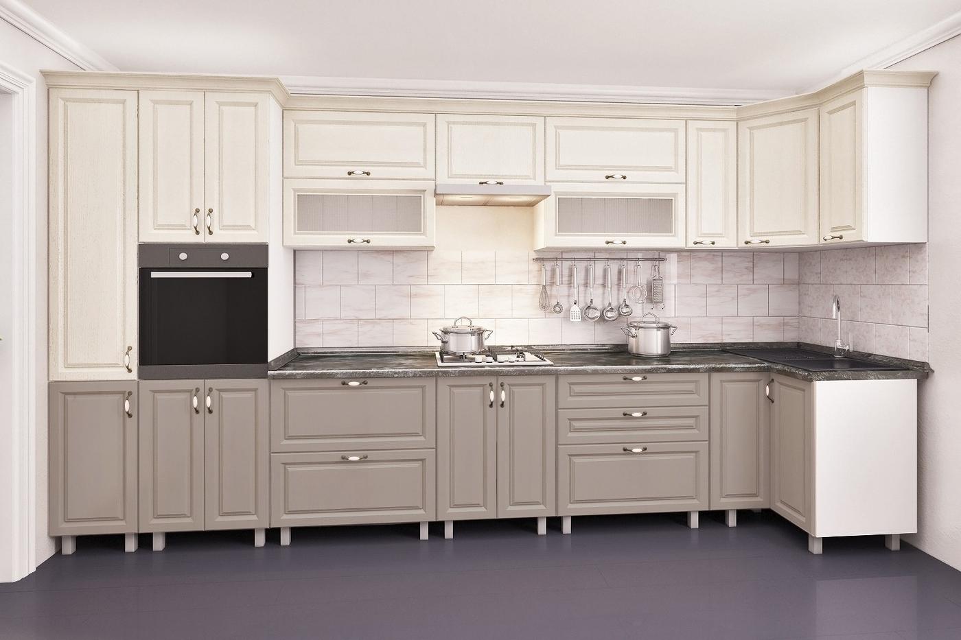 Set mobila bucatarie PS Eco 4.1x0.9 m (MDF pelicula) Alabastru / Stejar Concordia