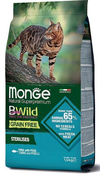 Hrana uscata pentru pisici Monge DRY CAT BWILD GF STERILISED Tuna/Peas 1.5 kg