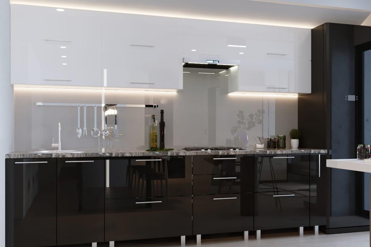 Set mobila bucatarie PS Kvadro (glisiere cu bile cu amortizare) 3 m (MDF lucioasa) Alb / Negru
