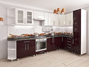 Set mobila bucatarie PS Corner 3.4x1.7 m (MDF lucioasa) Alb / Bordo