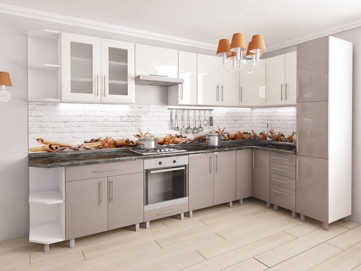 Set mobila bucatarie PS Corner 3.4x1.7 m (MDF lucioasa) Alb / Cappuccino