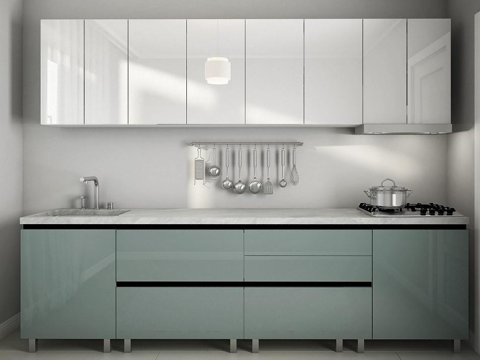 Set mobila bucatarie PS Gola-4 2.8 m (MDF lucioasa) Alb / Verde-Gri