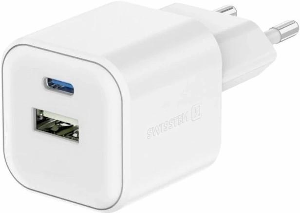 Incarcator telefon SWISSTEN GaN 1xUSB-C 35W PD + 1xUSB-A 27W QC White