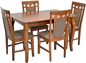 Set de masa si scaune Evelin HV-29V Burnish Oak + 4 scaune Deepa R Burnish Oak / Ekea12 Dark Brown