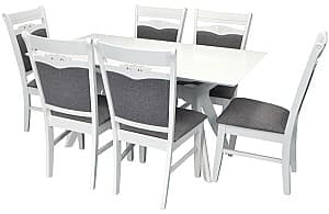 Set de masa si scaune Evelin Raffles Rectangular White + 6 scaune HV-3167 White / NV-10WP Grey
