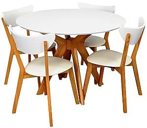 Set de masa si scaune Evelin Raffles Round White / Bella Beech + 4 scaune CAMEROON White / Bella Beech