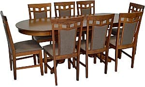 Set de masa si scaune Evelin HV-31N Burnish Oak + 8 scaune Deepa R Burnish Oak / Ekea12 Dark Brown