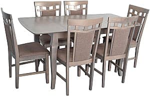 Set de masa si scaune Evelin HV-29V Antique Grey + 6 scaune Deepa R Antique Grey / Ekea12 Dark Brown