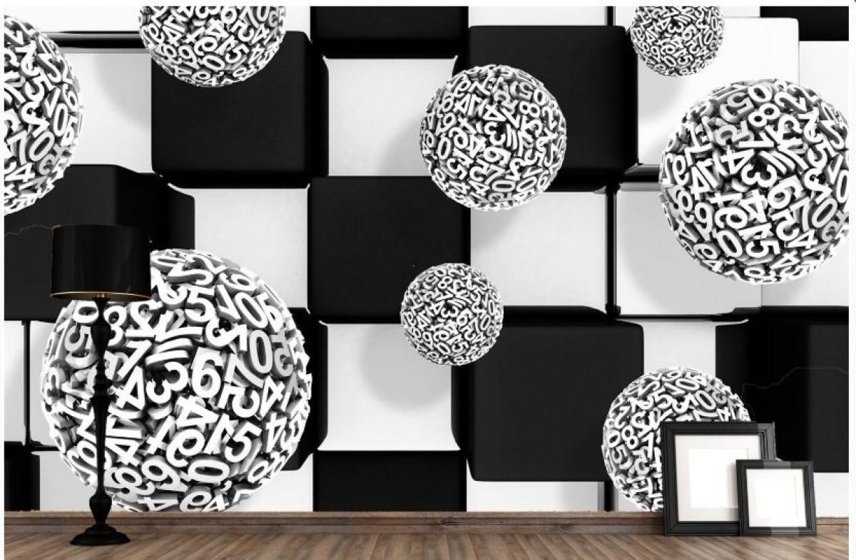 Fototapet 3d Art.Desig Patrat negru şi alb cu baloane din cifre