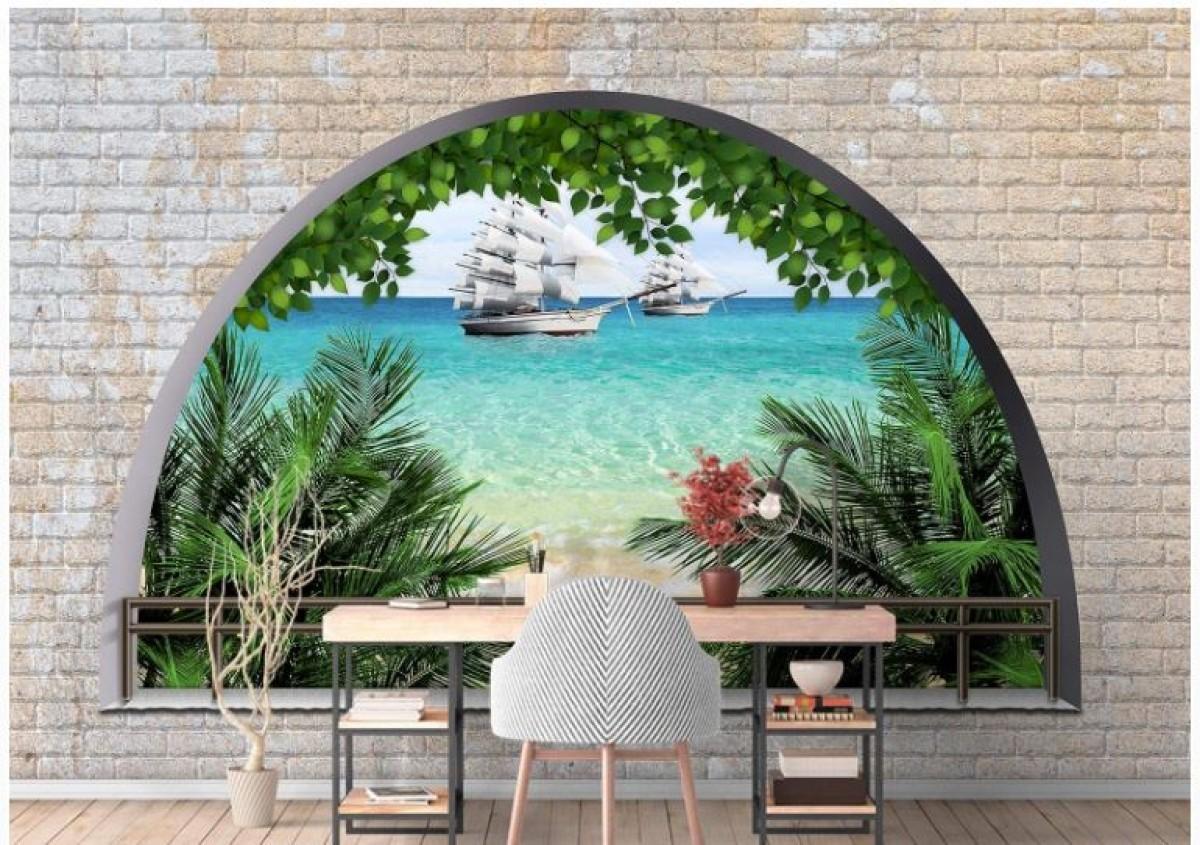 Fototapet 3d Art.Desig Perete din cărămidă cu vedere la mare