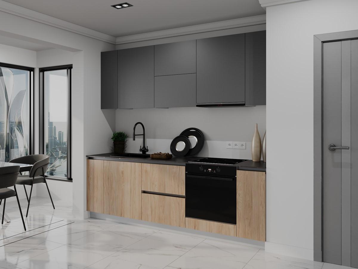 Set mobila bucatarie Bayro Monti Cucine 2.4 m Stone Grey / Rockford Hickory