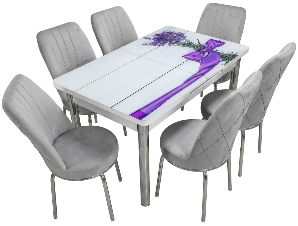 Set de masa si scaune VLM Kelebek Lavanda + 6 scaune Econom Gri Deschis
